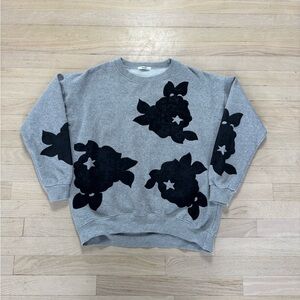 2000s HAY Velvet Flower Sweatshirt Grey Black Flocked Roses Korean Y2K Medium